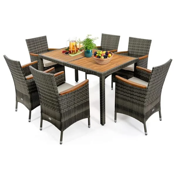 Salon de Jardin en Rotin 7 Pièces Plateau de Table en Acacia avec Chaises Empilables Coussins Amovibles, Chaque Chaise Charge 180KG Gris