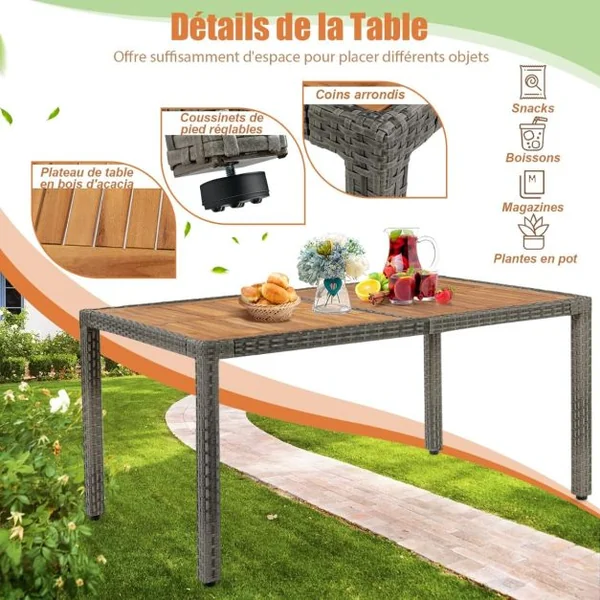 Salon de Jardin en Rotin 7 Pièces Plateau de Table en Acacia avec Chaises Empilables Coussins Amovibles, Chaque Chaise Charge 180KG Gris