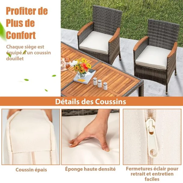 Salon de Jardin en Rotin 7 Pièces Plateau de Table en Acacia avec Chaises Empilables Coussins Amovibles, Chaque Chaise Charge 180KG Gris