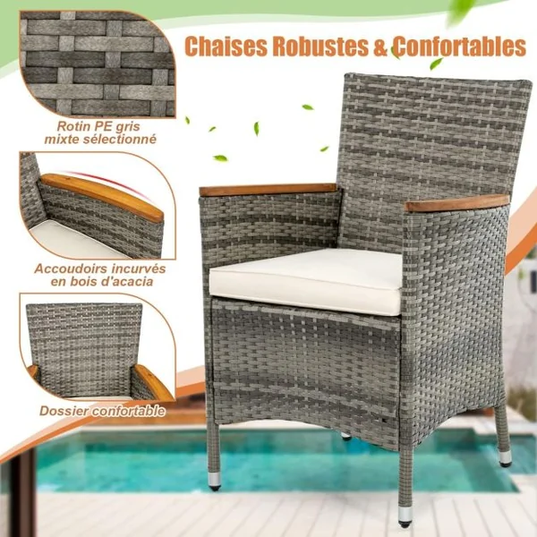 Salon de Jardin en Rotin 7 Pièces Plateau de Table en Acacia avec Chaises Empilables Coussins Amovibles, Chaque Chaise Charge 180KG Gris