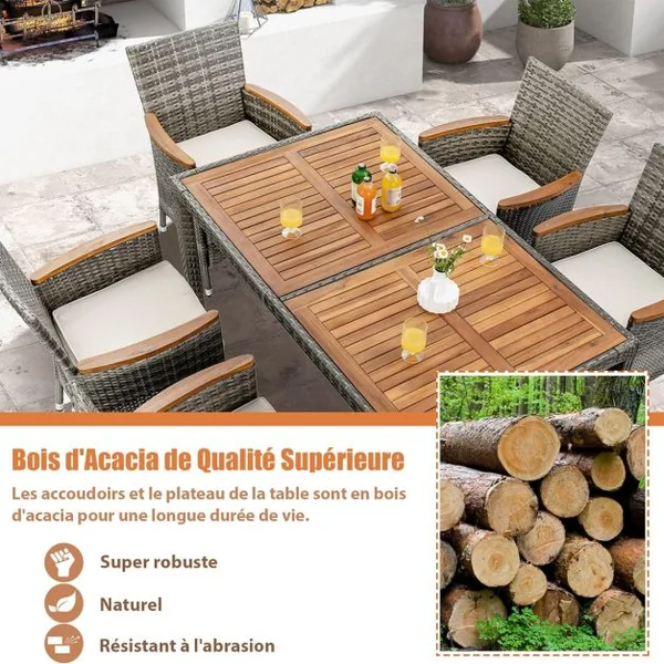 Salon de Jardin en Rotin 7 Pièces Plateau de Table en Acacia avec Chaises Empilables Coussins Amovibles, Chaque Chaise Charge 180KG Gris