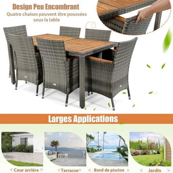 Salon de Jardin en Rotin 7 Pièces Plateau de Table en Acacia avec Chaises Empilables Coussins Amovibles, Chaque Chaise Charge 180KG Gris