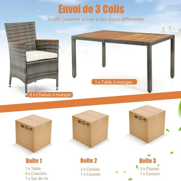 Salon de Jardin en Rotin 7 Pièces Plateau de Table en Acacia avec Chaises Empilables Coussins Amovibles, Chaque Chaise Charge 180KG Gris