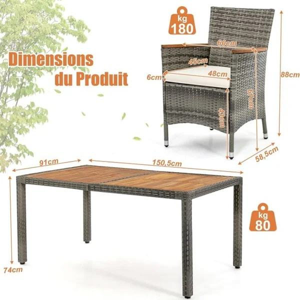 Salon de Jardin en Rotin 7 Pièces Plateau de Table en Acacia avec Chaises Empilables Coussins Amovibles, Chaque Chaise Charge 180KG Gris