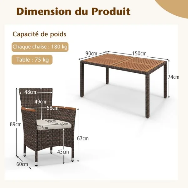 Salon de Jardin en Rotin 7 Pièces pour 6 Personnes Plateau de Table en Acacia avec Chaises Empilables Coussins Amovibles Chaque Chaise Charge 180KG