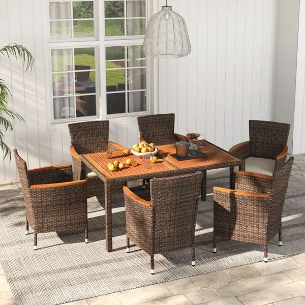 Salon de Jardin en Rotin 7 Pièces pour 6 Personnes Plateau de Table en Acacia avec Chaises Empilables Coussins Amovibles Chaque Chaise Charge 180KG