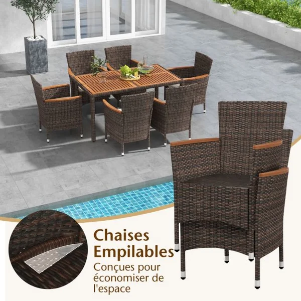 Salon de Jardin en Rotin 7 Pièces pour 6 Personnes Plateau de Table en Acacia avec Chaises Empilables Coussins Amovibles Chaque Chaise Charge 180KG