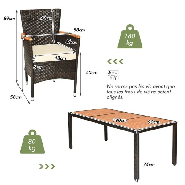 Salon de Jardin en Rotin 9 Pièces pour 8 Personnes Plateau de Table en Acacia Ensemble de Salle à Manger avec Coussins Amovibles Charge 160KG