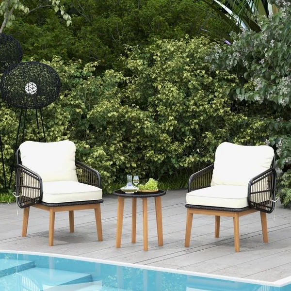 Salon de Jardin en Rotin PE 2 Personnes Pieds en bois d'acacia Coussins Ensemble de Table en Verre Trempé et 2 Chaises Blanc