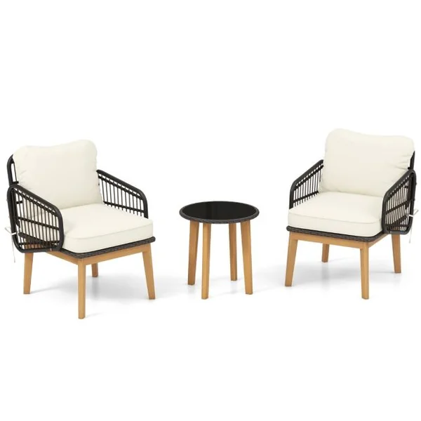 Salon de Jardin en Rotin PE 2 Personnes Pieds en bois d'acacia Coussins Ensemble de Table en Verre Trempé et 2 Chaises Blanc