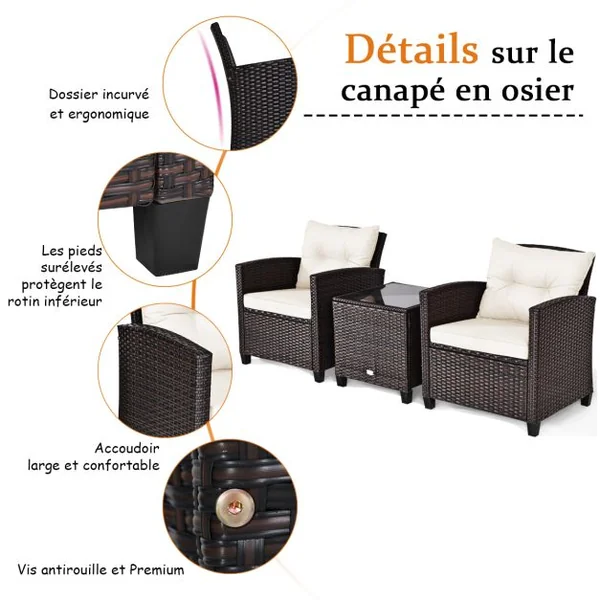 Salon de Jardin en Rotin PE 3 Pièces 2 Places avec Coussins Lavables 1 Table en Verre Trempé Blanc/Noir/Marron/Gris/Vert/Bleu/Rouge