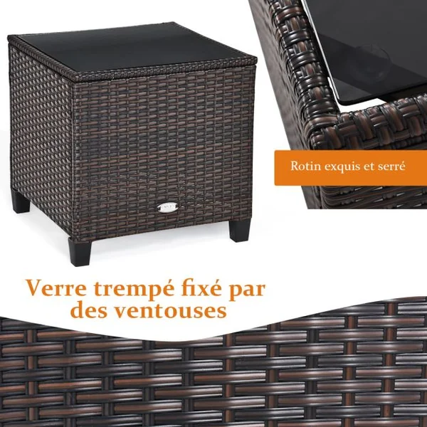 Salon de Jardin en Rotin PE 3 Pièces 2 Places avec Coussins Lavables 1 Table en Verre Trempé Blanc/Noir/Marron/Gris/Vert/Bleu/Rouge