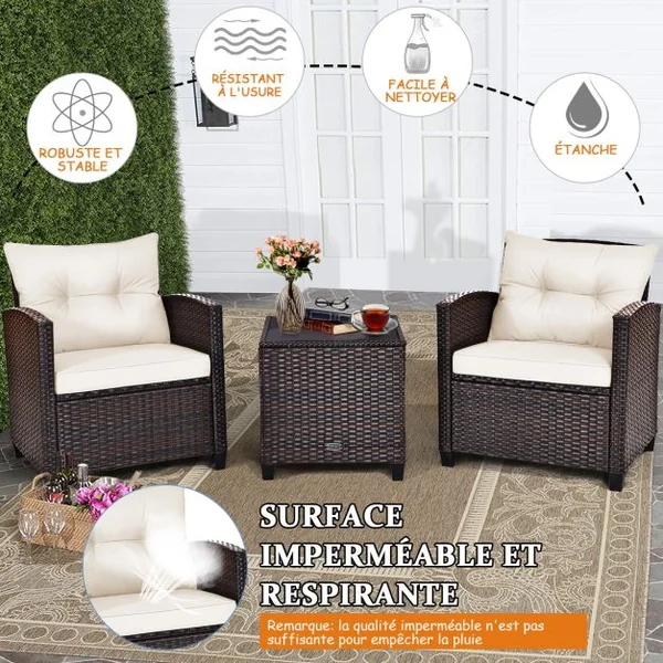Salon de Jardin en Rotin PE 3 Pièces 2 Places avec Coussins Lavables 1 Table en Verre Trempé Blanc/Noir/Marron/Gris/Vert/Bleu/Rouge