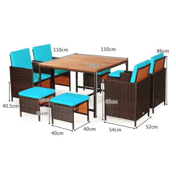 Salon de Jardin Encastrable 9 PCS avec Coussins Ensemble Meuble en Rotin PE pour Jardin Terrasse Piscine
