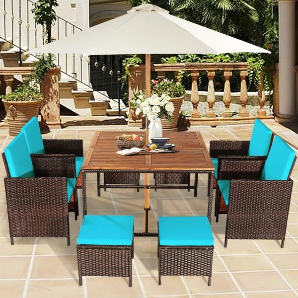 Salon de Jardin Encastrable 9 PCS avec Coussins Ensemble Meuble en Rotin PE pour Jardin Terrasse Piscine