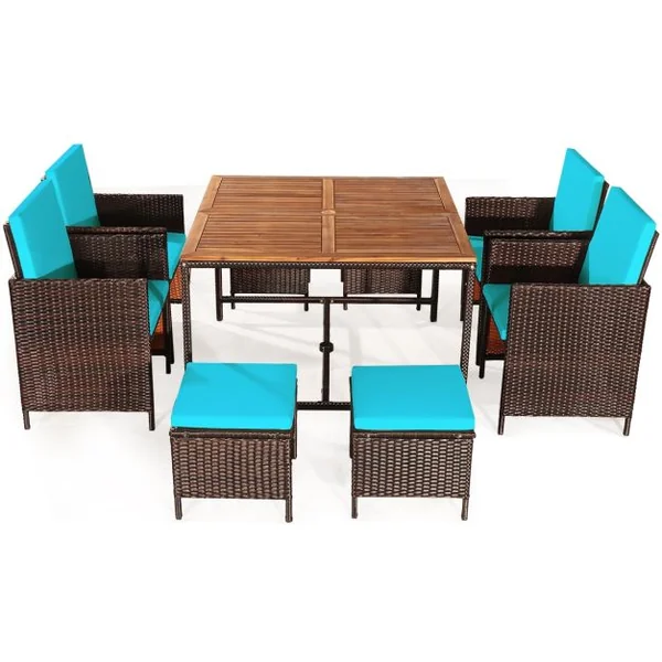 Salon de Jardin Encastrable 9 PCS avec Coussins Ensemble Meuble en Rotin PE pour Jardin Terrasse Piscine