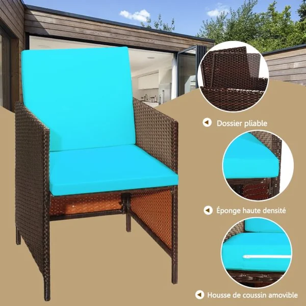 Salon de Jardin Encastrable 9 PCS avec Coussins Ensemble Meuble en Rotin PE pour Jardin Terrasse Piscine