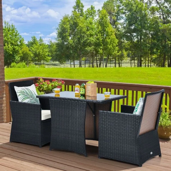 Salon de Jardin Exterieur 3 Pièces en Rotin PE avec Coussin Amovible 2 Fauteuils et 1 Table Basse Inclus Peu Encombrant