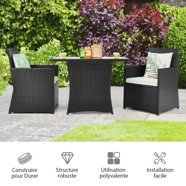 Salon de Jardin Exterieur 3 Pièces en Rotin PE avec Coussin Amovible 2 Fauteuils et 1 Table Basse Inclus Peu Encombrant