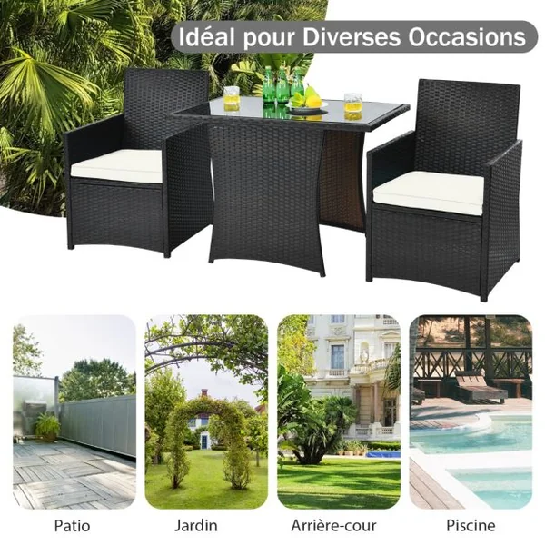 Salon de Jardin Exterieur 3 Pièces en Rotin PE avec Coussin Amovible 2 Fauteuils et 1 Table Basse Inclus Peu Encombrant