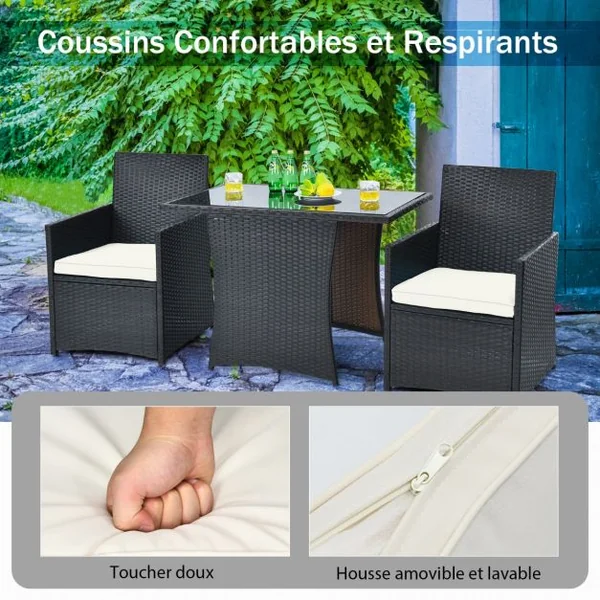 Salon de Jardin Exterieur 3 Pièces en Rotin PE avec Coussin Amovible 2 Fauteuils et 1 Table Basse Inclus Peu Encombrant