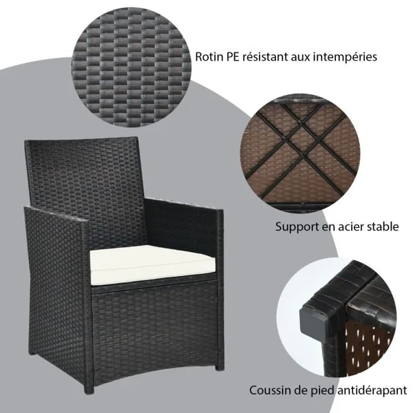Salon de Jardin Exterieur 3 Pièces en Rotin PE avec Coussin Amovible 2 Fauteuils et 1 Table Basse Inclus Peu Encombrant