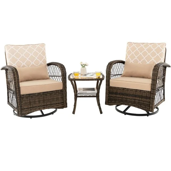 Salon de Jardin Extérieur 3PCS - 2 en Fauteuils à Bascule Pivotant à 360°Rotin PE Cadre Métal our Terrasse Balcon