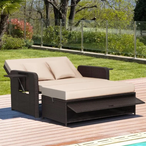 Salon de Jardin Extérieur Ajustable à Lit, 2 Place avec Stockage Caché, Dossier Réglable à 4 Niveaux en Rotin PE