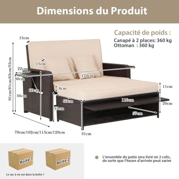 Salon de Jardin Extérieur Ajustable à Lit, 2 Place avec Stockage Caché, Dossier Réglable à 4 Niveaux en Rotin PE
