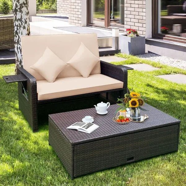 Salon de Jardin Extérieur Ajustable à Lit, 2 Place avec Stockage Caché, Dossier Réglable à 4 Niveaux en Rotin PE