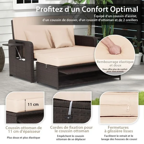 Salon de Jardin Extérieur Ajustable à Lit, 2 Place avec Stockage Caché, Dossier Réglable à 4 Niveaux en Rotin PE