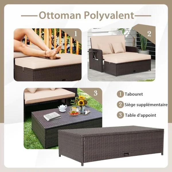 Salon de Jardin Extérieur Ajustable à Lit, 2 Place avec Stockage Caché, Dossier Réglable à 4 Niveaux en Rotin PE