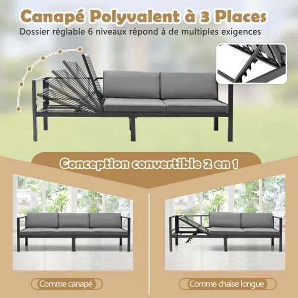 Salon de Jardin Extérieur avec Table Basse en Verre Trempé Canapéavec Dossier Inclinable à 6 Niveaux Coussins Inclus Gris
