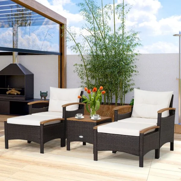 Salon de Jarin 5 Pcs en Polyrotin Anti-UV 2-4 Personnes avec Coussins 2 Fauteuils 2 Tabourets et 1 Table Basses Marron