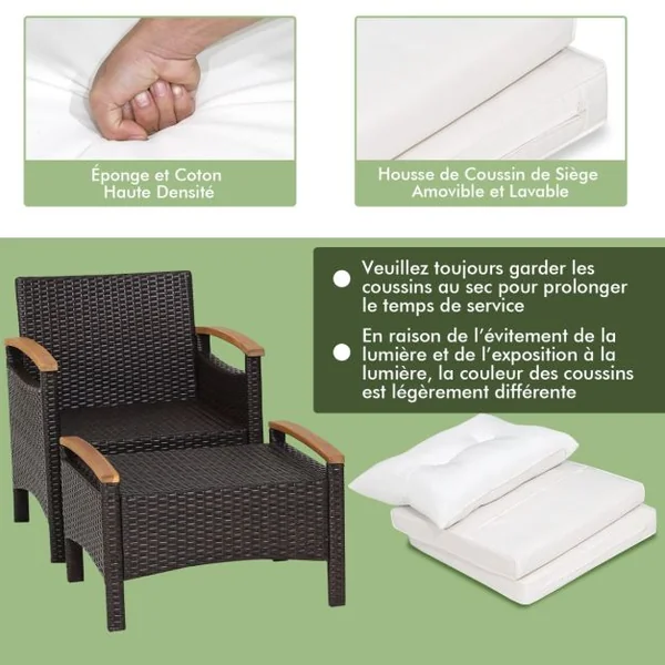 Salon de Jarin 5 Pcs en Polyrotin Anti-UV 2-4 Personnes avec Coussins 2 Fauteuils 2 Tabourets et 1 Table Basses Marron