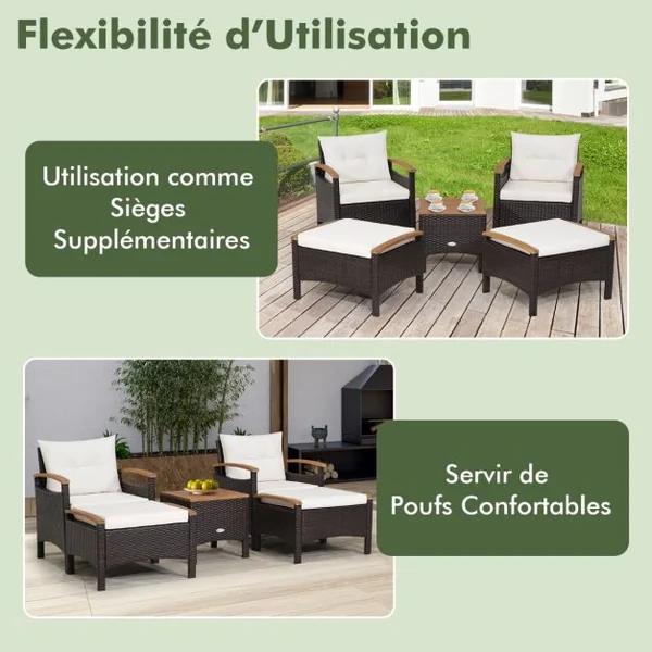 Salon de Jarin 5 Pcs en Polyrotin Anti-UV 2-4 Personnes avec Coussins 2 Fauteuils 2 Tabourets et 1 Table Basses Marron