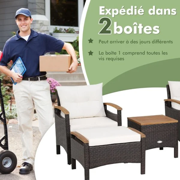 Salon de Jarin 5 Pcs en Polyrotin Anti-UV 2-4 Personnes avec Coussins 2 Fauteuils 2 Tabourets et 1 Table Basses Marron
