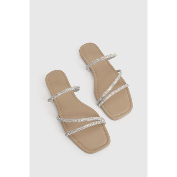 Sandales Mules À Brides Ornées De Strass Coupe Large