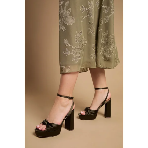 Sandales À Plateforme Et Talon Bloc Haut Melody En Satin Olive Avec Nœud