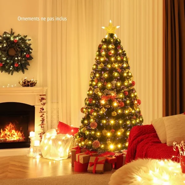 Sapin de Noël 150 cm Arbre de Noël Lumineux 170 LED 8 Modes d'Éclairage 170 Branches en PVC Étoile Lumineuse Fibres Optiques Décoration de Noël