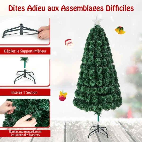 Sapin de Noël 150 cm Arbre de Noël Lumineux 170 LED 8 Modes d'Éclairage 170 Branches en PVC Étoile Lumineuse Fibres Optiques Décoration de Noël