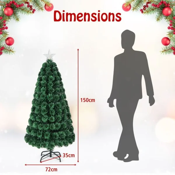 Sapin de Noël 150 cm Arbre de Noël Lumineux 170 LED 8 Modes d'Éclairage 170 Branches en PVC Étoile Lumineuse Fibres Optiques Décoration de Noël