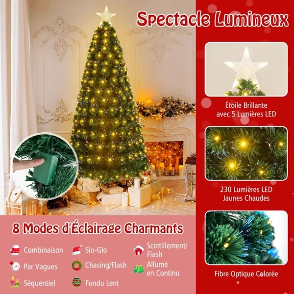Sapin de Noël 180 cm Arbre de Noël Lumineux 230 LED 8 Modes d'Éclairage 230 Branches en PVC Étoile Lumineuse Fibres Optiques Vert