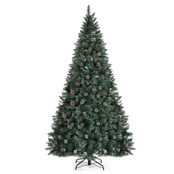 Sapin de Noël 180cm Pré-décoré avec 1000 Pointes Blanches des Feuilles d'Aiguilles Etoffée 63 Pommes de Pin Support en Métal