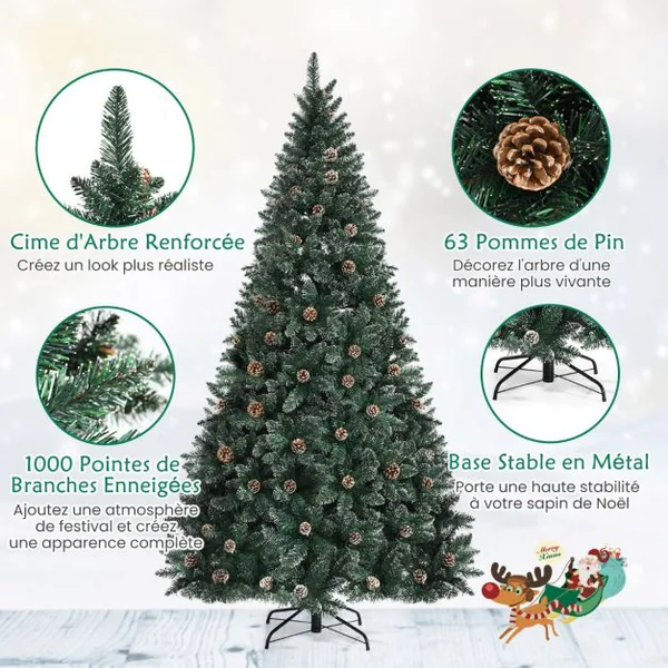 Sapin de Noël 180cm Pré-décoré avec 1000 Pointes Blanches des Feuilles d'Aiguilles Etoffée 63 Pommes de Pin Support en Métal