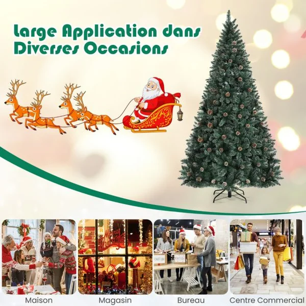 Sapin de Noël 180cm Pré-décoré avec 1000 Pointes Blanches des Feuilles d'Aiguilles Etoffée 63 Pommes de Pin Support en Métal