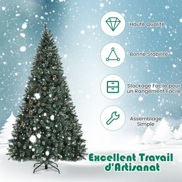 Sapin de Noël 180cm Pré-décoré avec 1000 Pointes Blanches des Feuilles d'Aiguilles Etoffée 63 Pommes de Pin Support en Métal