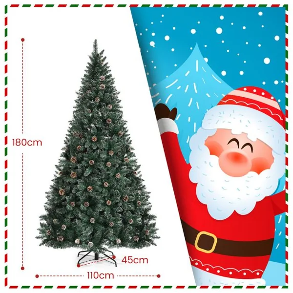 Sapin de Noël 180cm Pré-décoré avec 1000 Pointes Blanches des Feuilles d'Aiguilles Etoffée 63 Pommes de Pin Support en Métal