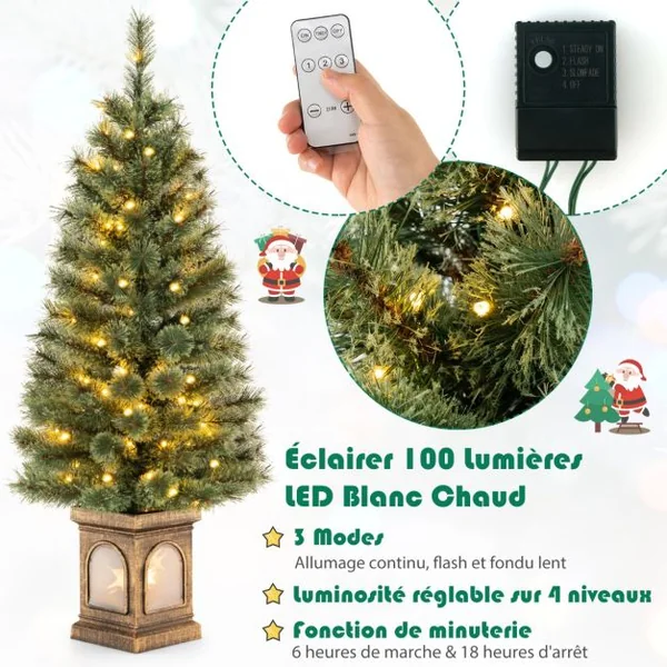 Sapin de Noël Artificiel 120 cm 116 Branches 100 Lumières LED 3 Modes Luminosité Réglable Télécommande Minuterie Vert