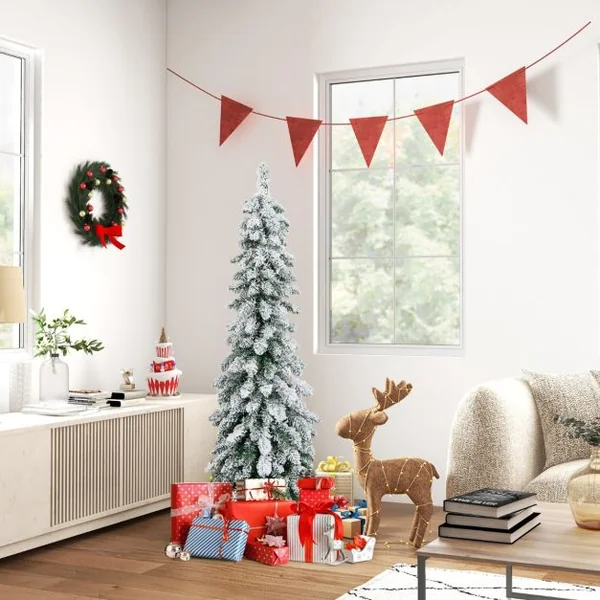 Sapin de Noël Artificiel 120 cm Fin et Floqué de Neige 225 Pointes de Branches en PVC 100 Lumières LED 2 Couleurs et 11 Modes d'Éclairage Minuterie